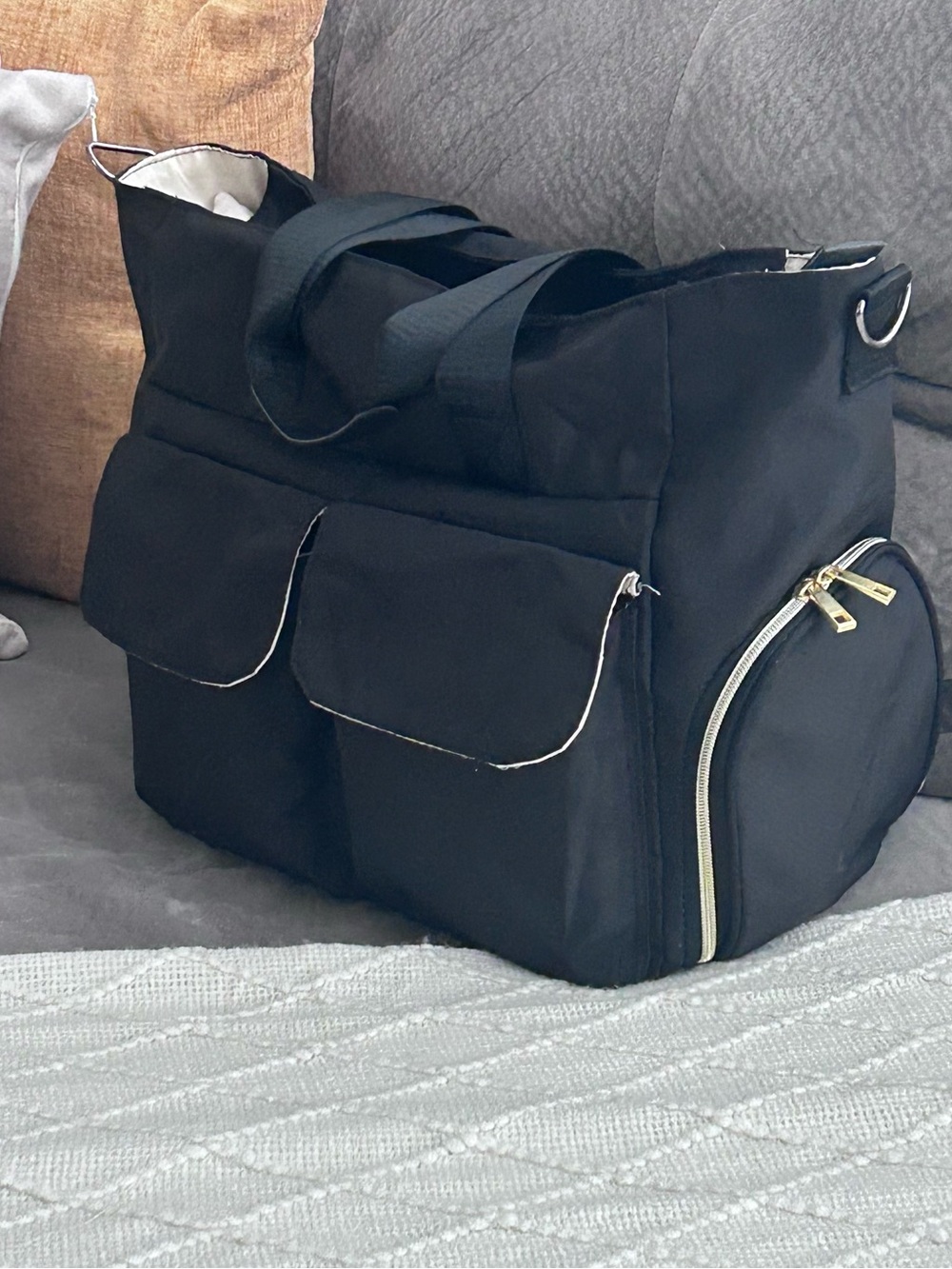 Black Multi-Pocket Mom Tote Bag with Gold Zipper